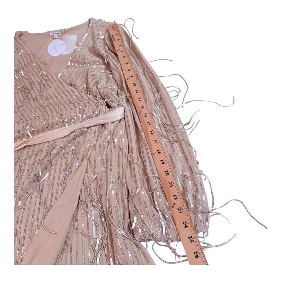 NEW En Creme Mini Robe WRAP DRESS & BELT Silver Sequin Fringe Women's MED Nude - Picture 11 of 13